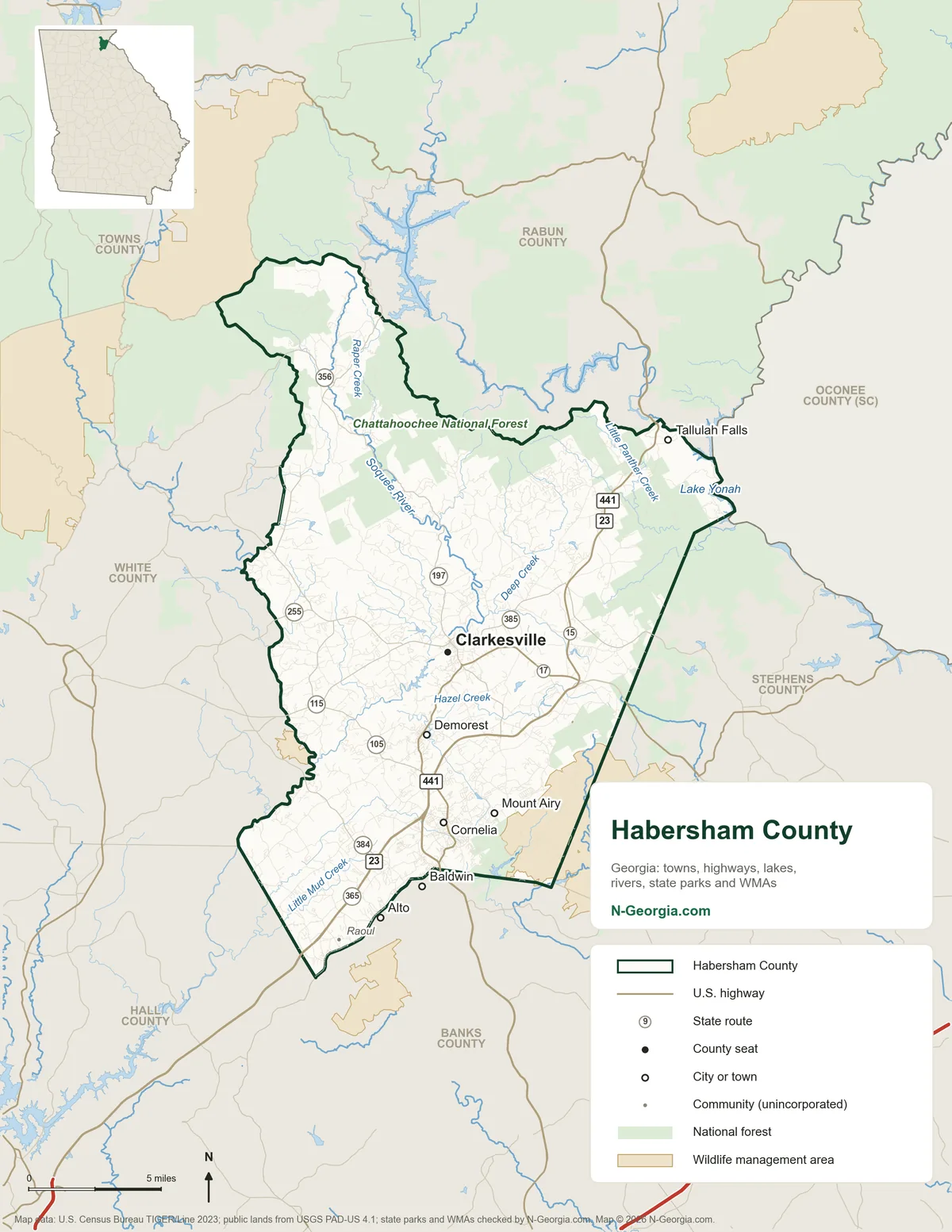 Map of Habersham County, Georgia, showing the county seat of Clarkesville, other towns, highways, rivers and lakes and neighboring counties