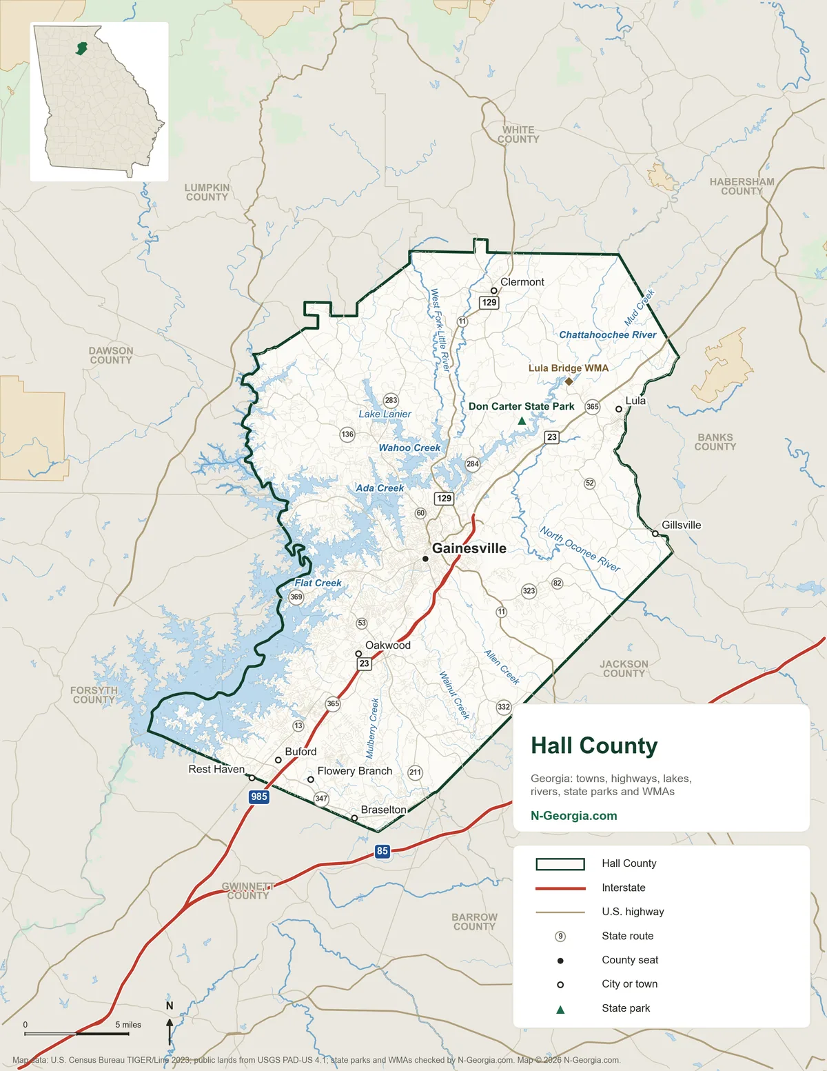 Map of Hall County, Georgia, showing the county seat of Gainesville, other towns, highways, rivers and lakes, state parks, wildlife management areas and neighboring counties
