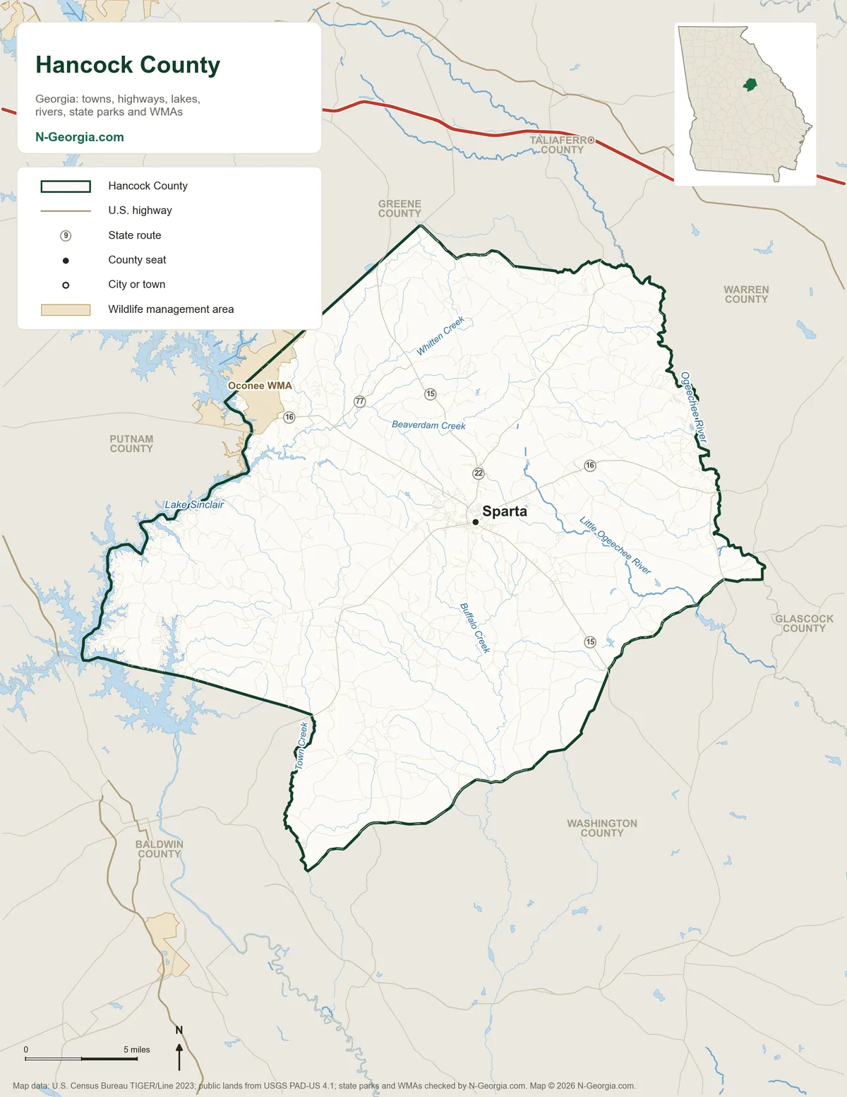 Map of Hancock County, Georgia, showing the county seat of Sparta, highways, rivers and lakes, wildlife management areas and neighboring counties