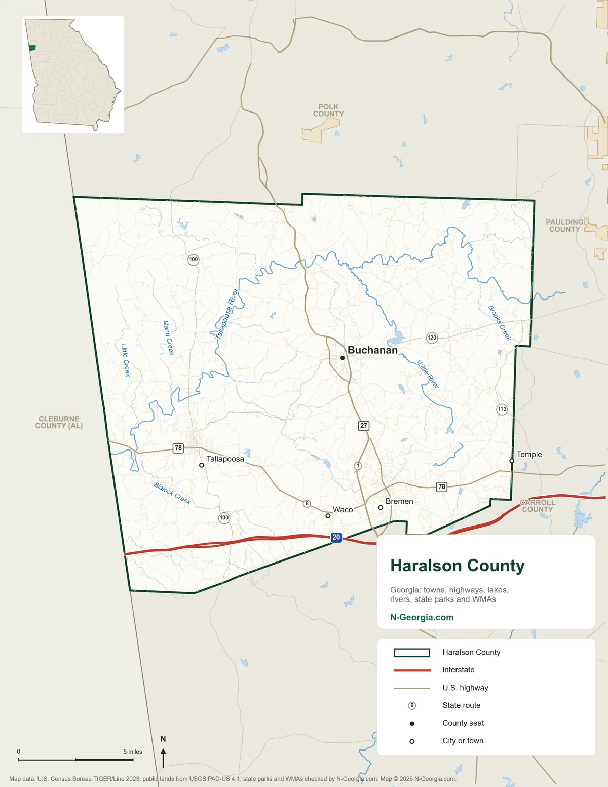 Map of Haralson County, Georgia, showing the county seat of Buchanan, other towns, highways, rivers and lakes and neighboring counties