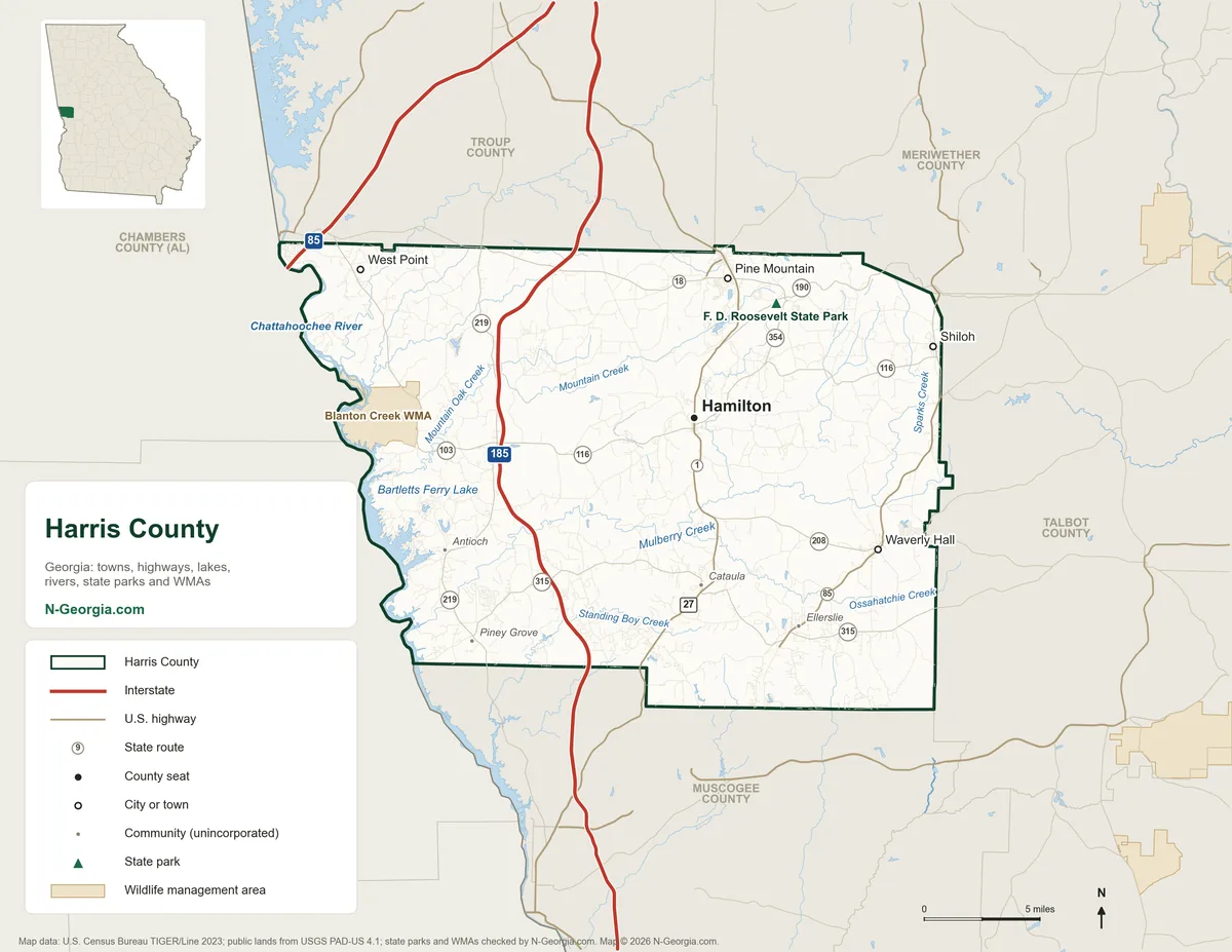 Map of Harris County, Georgia, showing the county seat of Hamilton, other towns, highways, rivers and lakes, state parks, wildlife management areas and neighboring counties