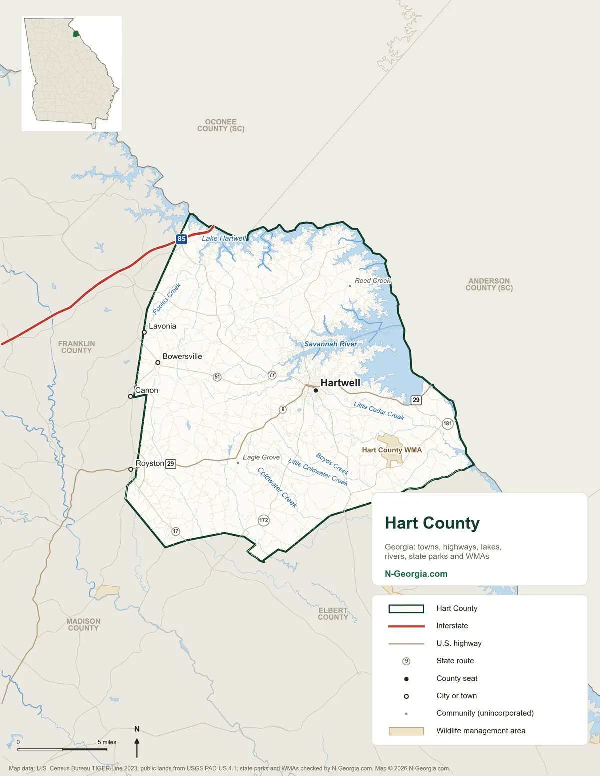 Map of Hart County, Georgia, showing the county seat of Hartwell, other towns, highways, rivers and lakes, wildlife management areas and neighboring counties