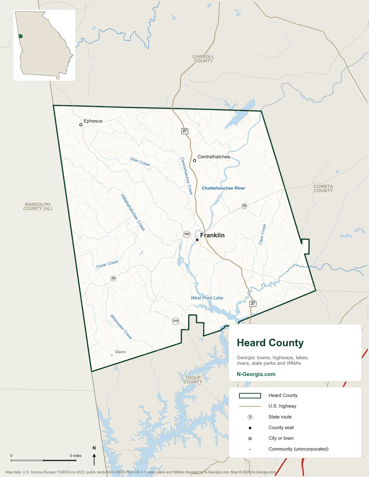 Map of Heard County, Georgia, showing the county seat of Franklin, other towns, highways, rivers and lakes and neighboring counties