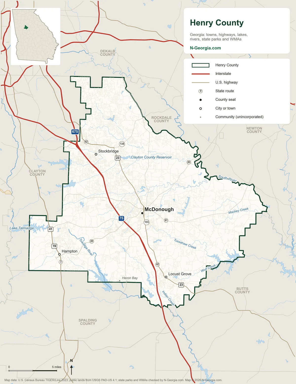 Map of Henry County, Georgia, showing the county seat of McDonough, other towns, highways, rivers and lakes and neighboring counties