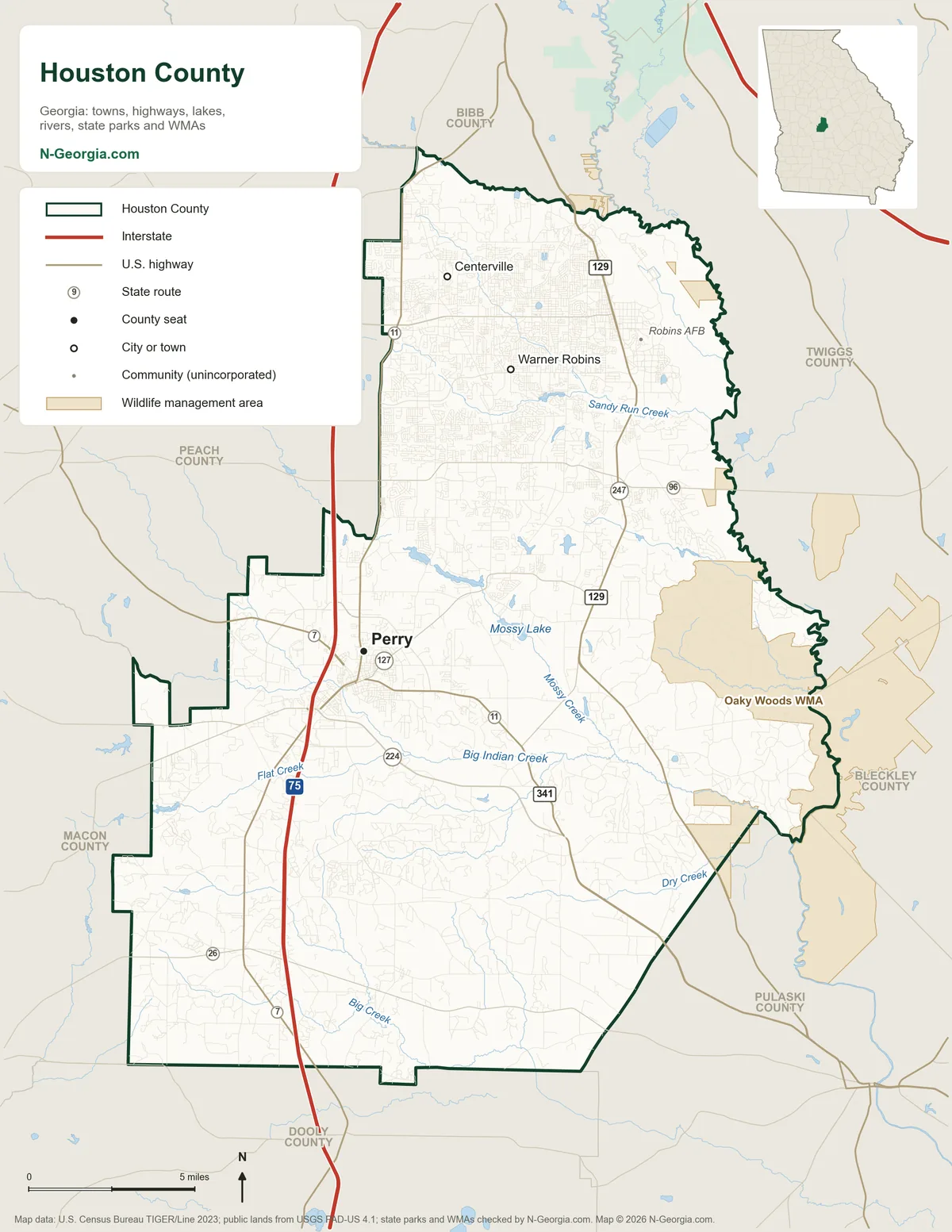 Map of Houston County, Georgia, showing the county seat of Perry, other towns, highways, rivers and lakes, wildlife management areas and neighboring counties
