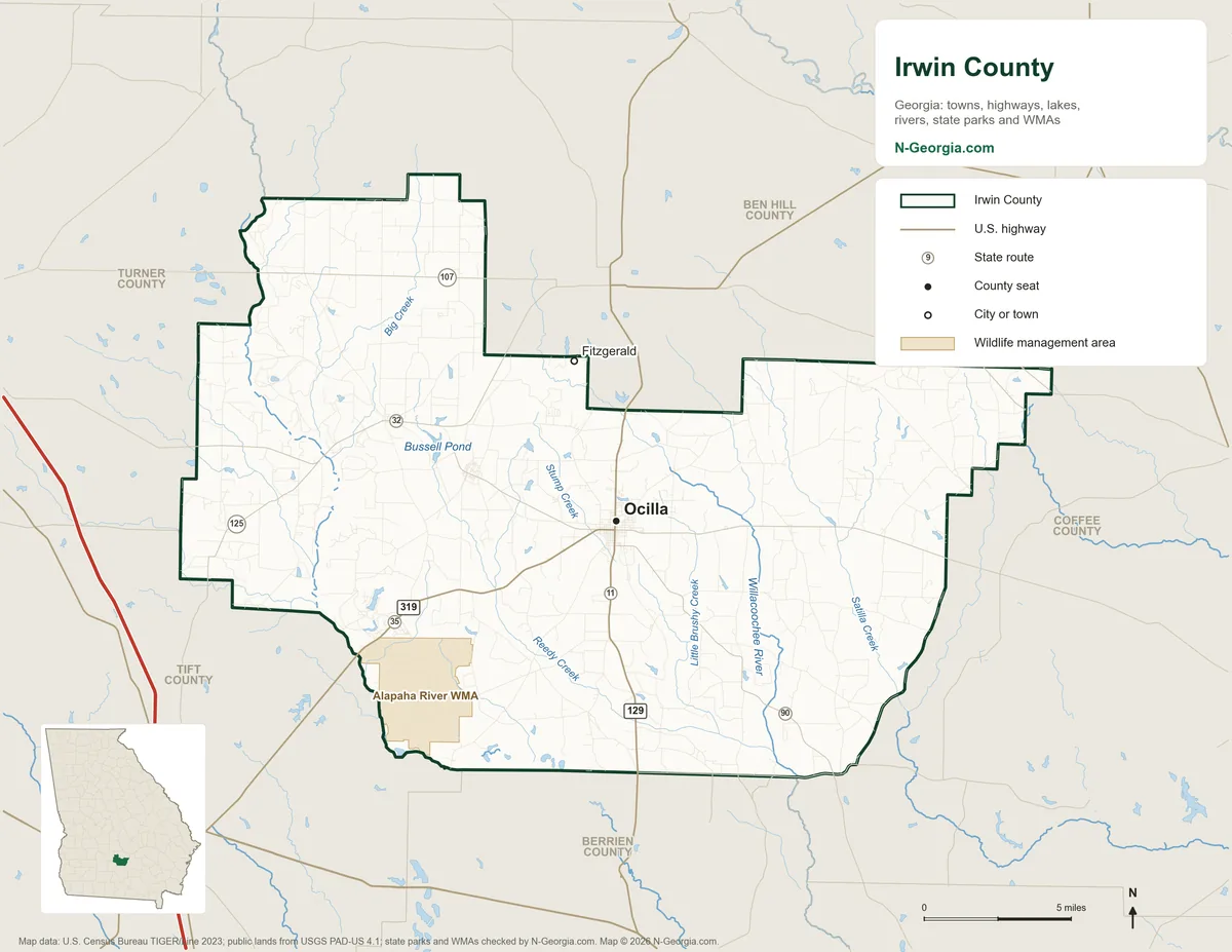 Map of Irwin County, Georgia, showing the county seat of Ocilla, other towns, highways, rivers and lakes, wildlife management areas and neighboring counties