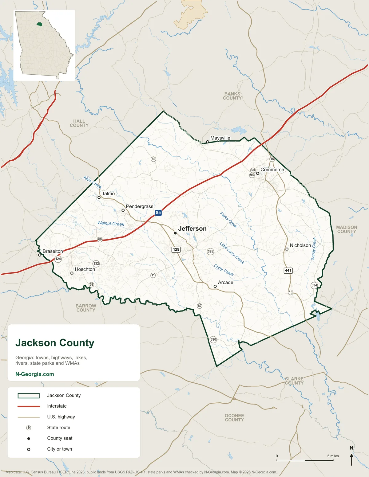 Map of Jackson County, Georgia, showing the county seat of Jefferson, other towns, highways, rivers and lakes and neighboring counties