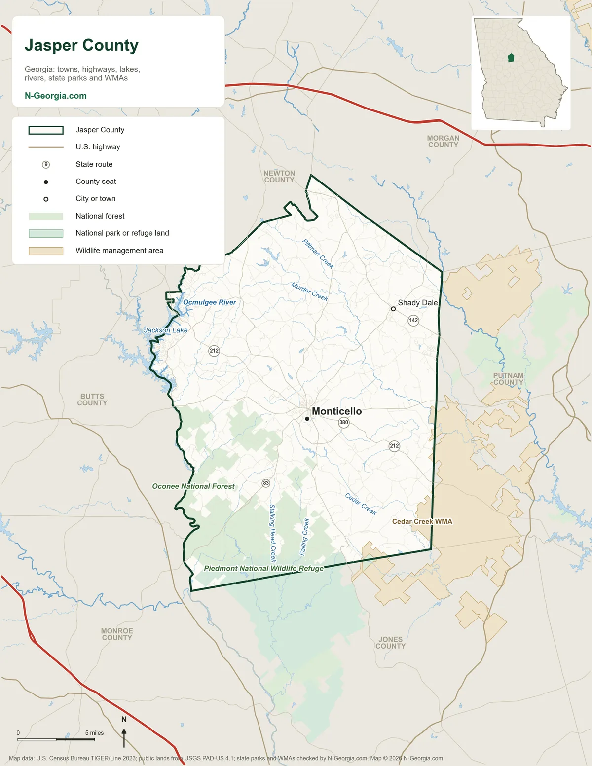Map of Jasper County, Georgia, showing the county seat of Monticello, other towns, highways, rivers and lakes, wildlife management areas and neighboring counties