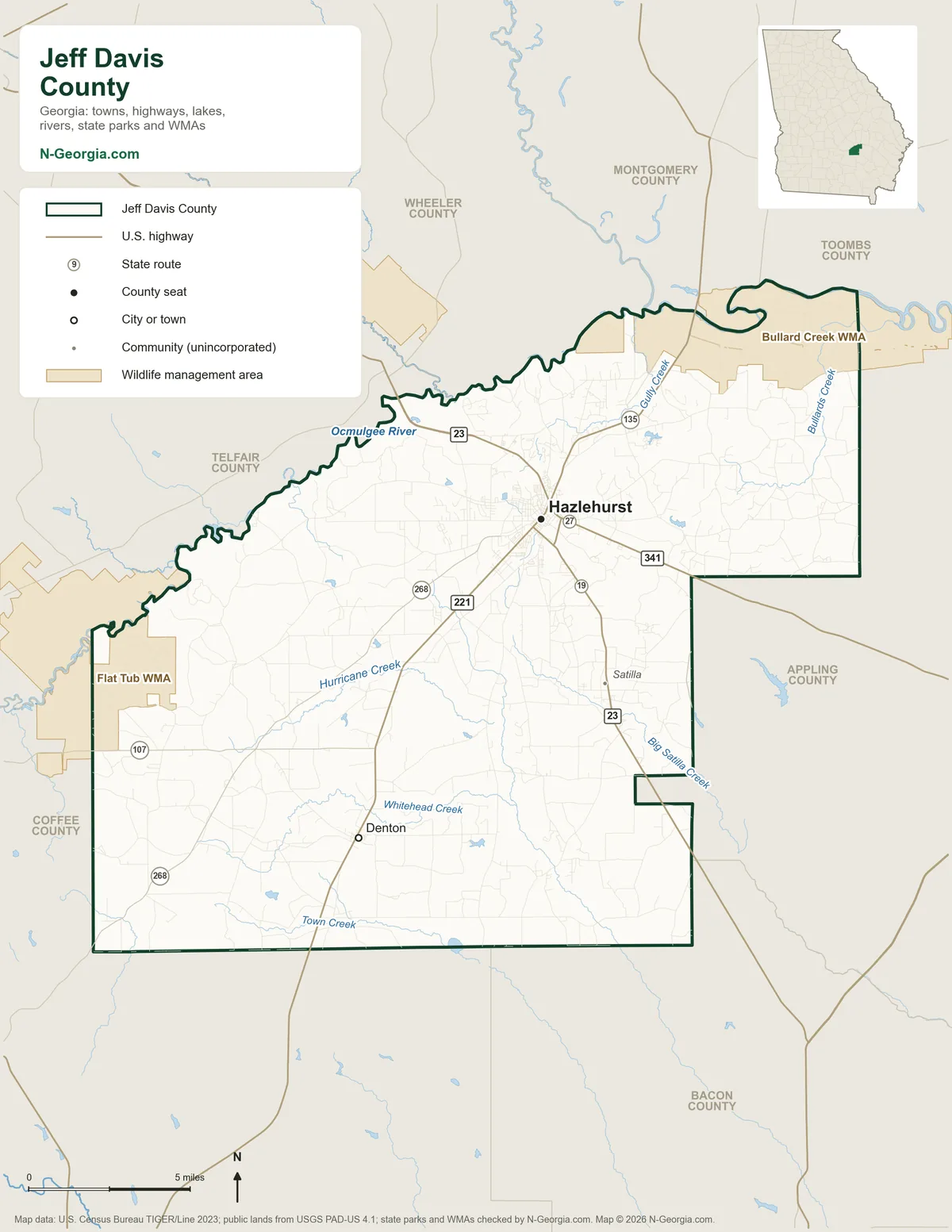 Map of Jeff Davis County, Georgia, showing the county seat of Hazlehurst, other towns, highways, rivers and lakes, wildlife management areas and neighboring counties