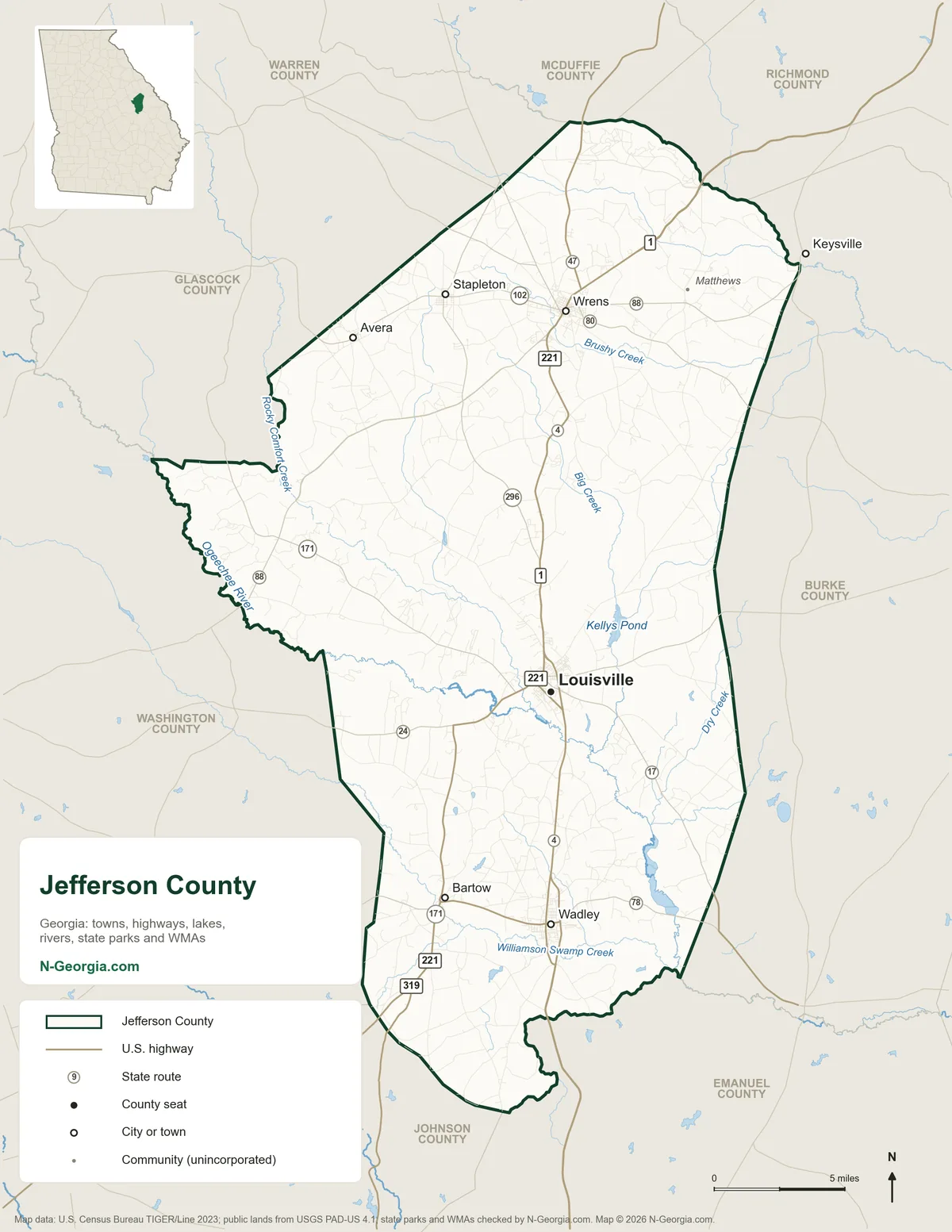 Map of Jefferson County, Georgia, showing the county seat of Louisville, other towns, highways, rivers and lakes and neighboring counties