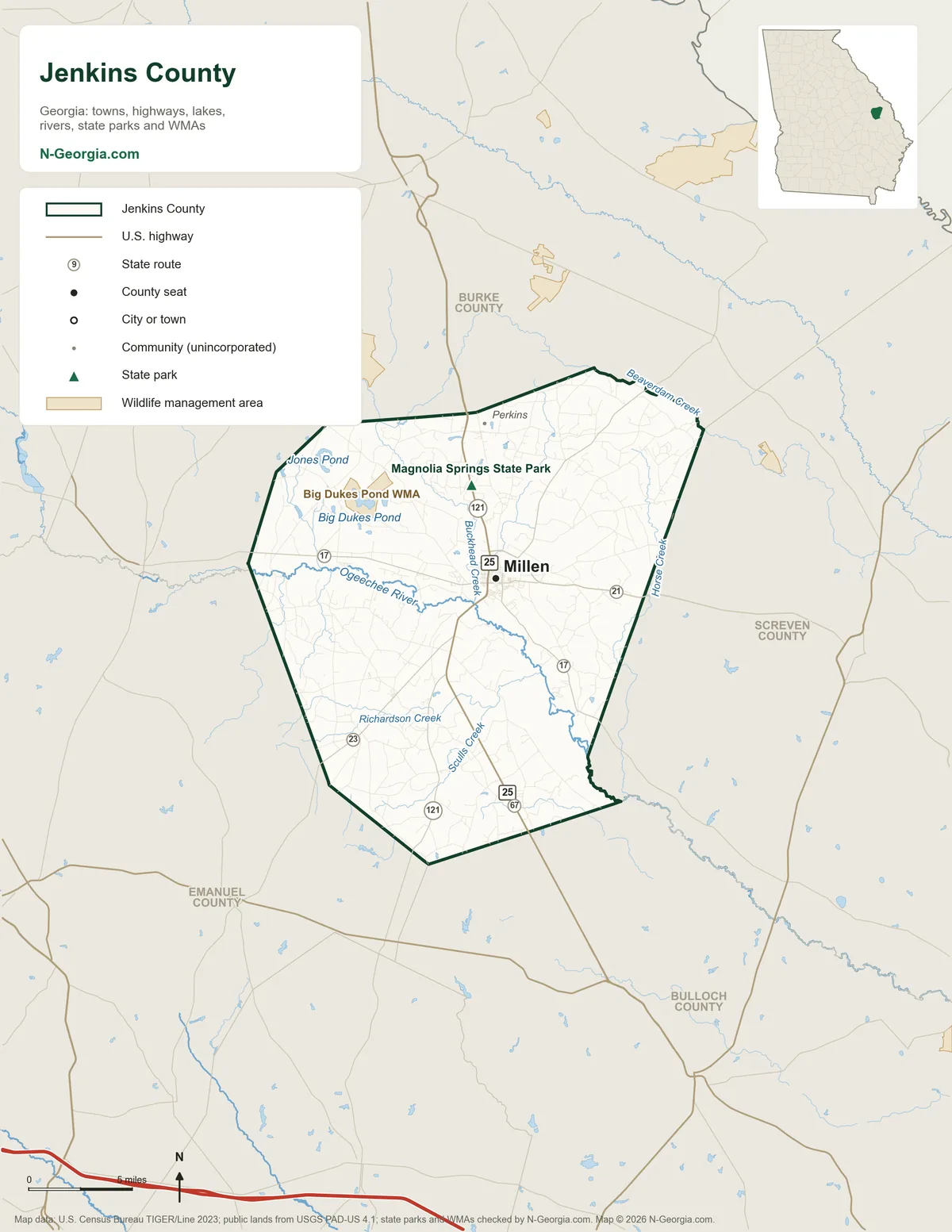 Map of Jenkins County, Georgia, showing the county seat of Millen, highways, rivers and lakes, state parks, wildlife management areas and neighboring counties