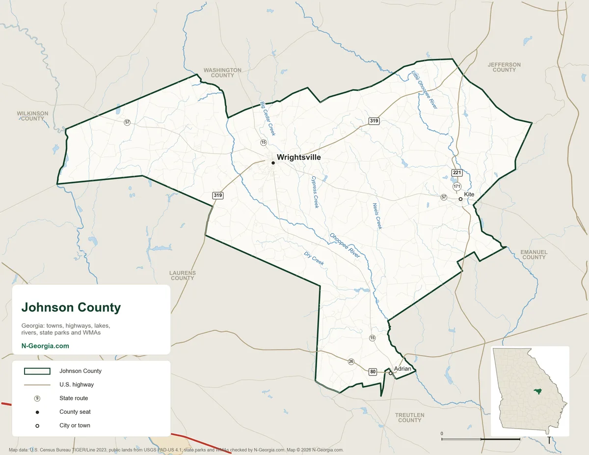 Map of Johnson County, Georgia, showing the county seat of Wrightsville, other towns, highways, rivers and lakes and neighboring counties
