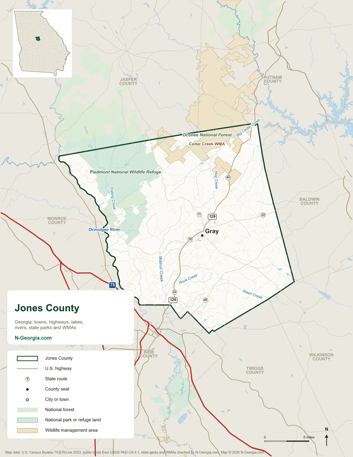 Map of Jones County, Georgia, showing the county seat of Gray, highways, rivers and lakes, wildlife management areas and neighboring counties