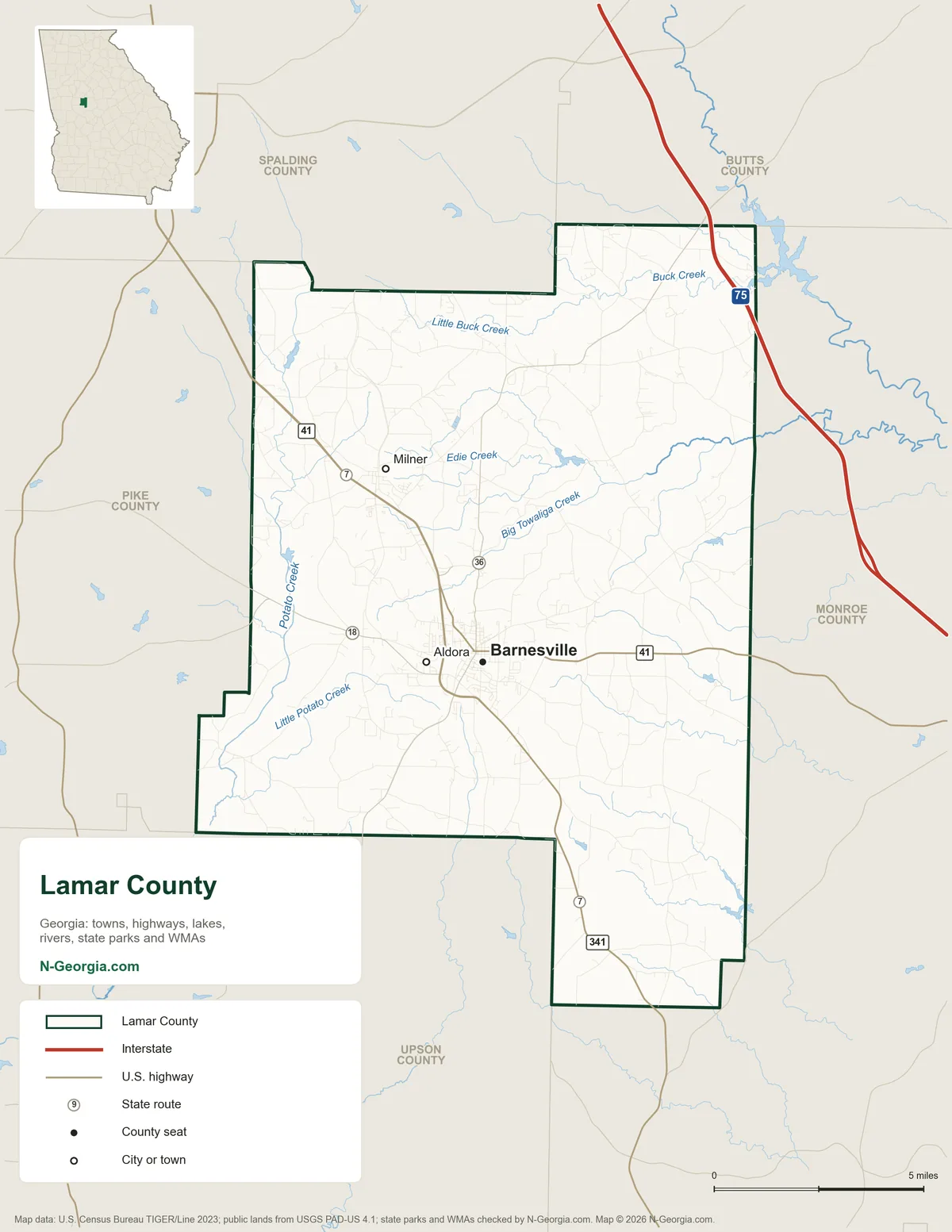 Map of Lamar County, Georgia, showing the county seat of Barnesville, other towns, highways, rivers and lakes and neighboring counties