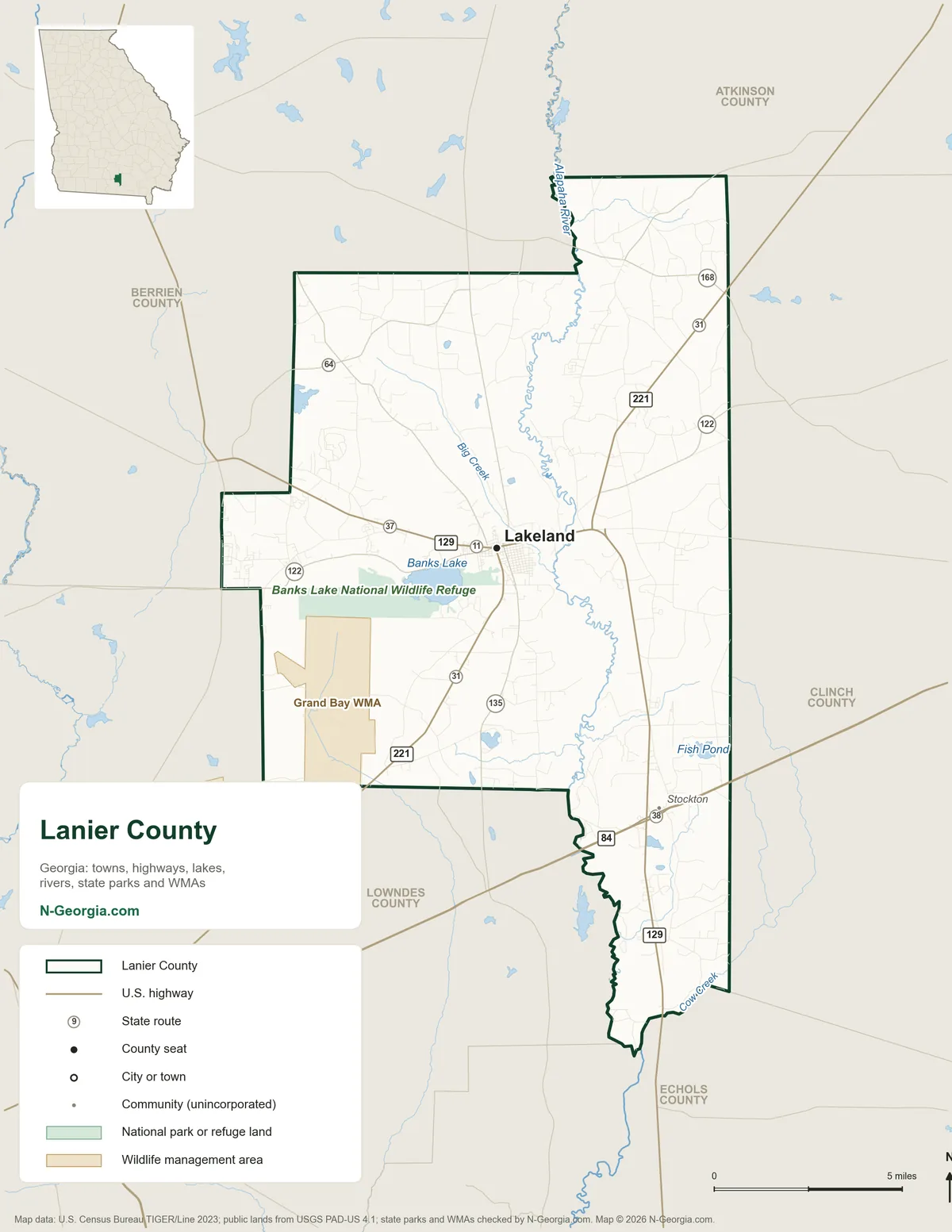 Map of Lanier County, Georgia, showing the county seat of Lakeland, highways, rivers and lakes, wildlife management areas and neighboring counties