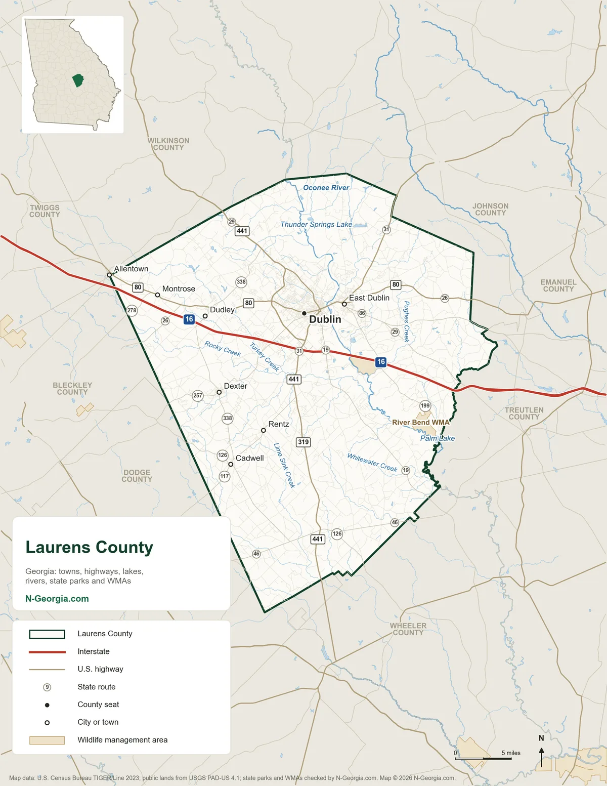 Map of Laurens County, Georgia, showing the county seat of Dublin, other towns, highways, rivers and lakes, wildlife management areas and neighboring counties