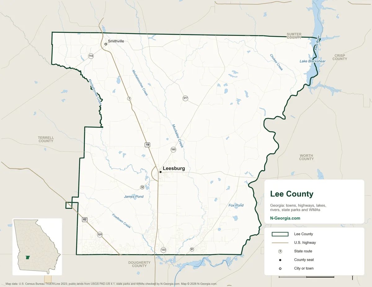 Map of Lee County, Georgia, showing the county seat of Leesburg, other towns, highways, rivers and lakes and neighboring counties