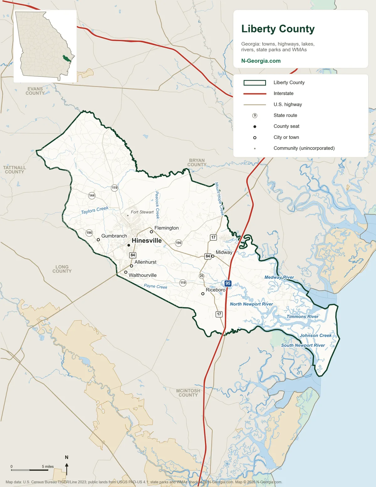 Map of Liberty County, Georgia, showing the county seat of Hinesville, other towns, highways, rivers and lakes and neighboring counties