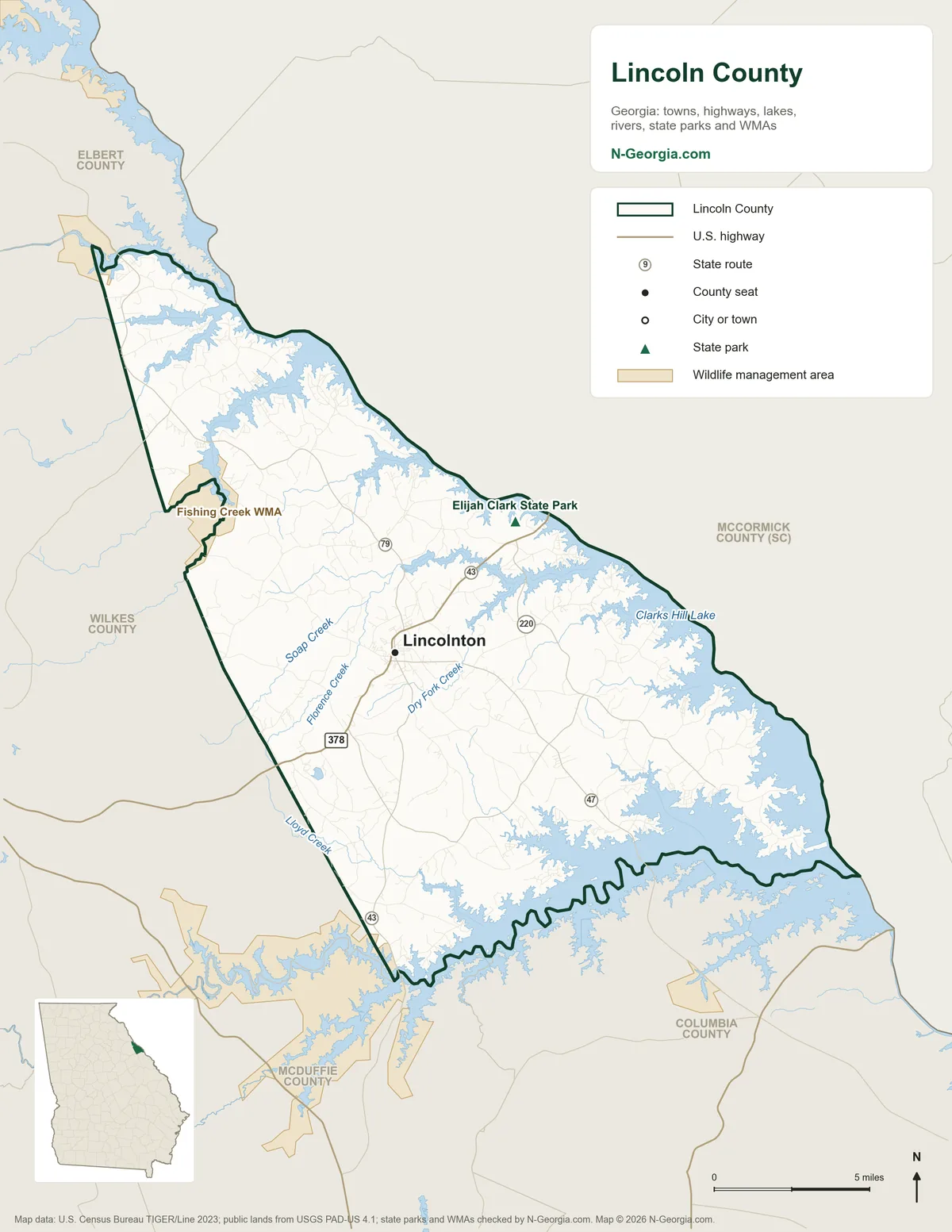 Map of Lincoln County, Georgia, showing the county seat of Lincolnton, highways, rivers and lakes, state parks, wildlife management areas and neighboring counties