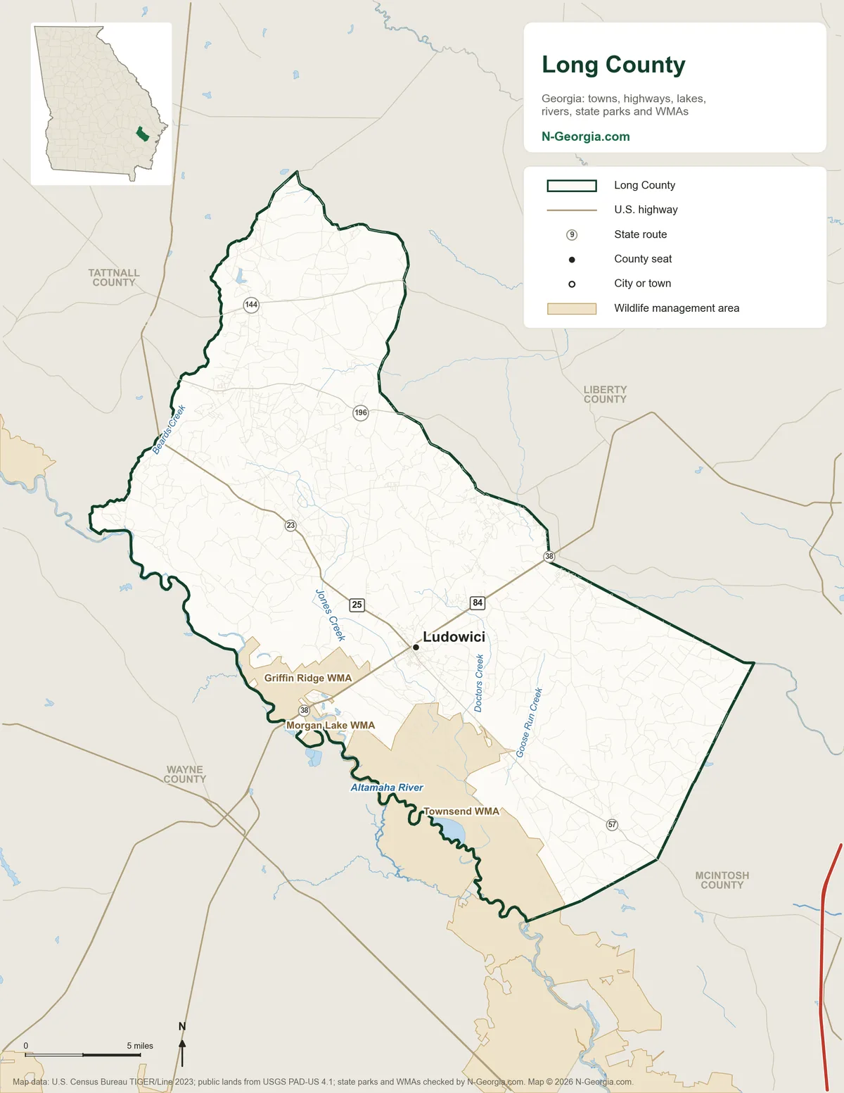 Map of Long County, Georgia, showing the county seat of Ludowici, highways, rivers and lakes, wildlife management areas and neighboring counties