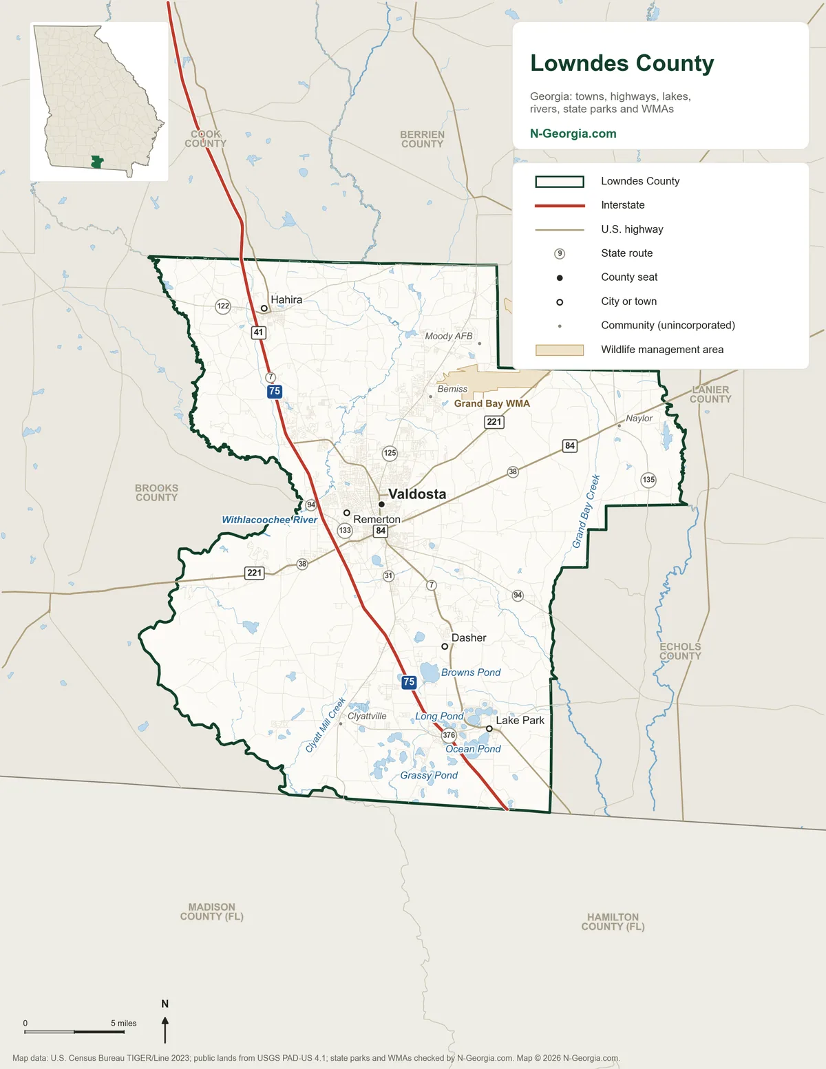 Map of Lowndes County, Georgia, showing the county seat of Valdosta, other towns, highways, rivers and lakes, wildlife management areas and neighboring counties
