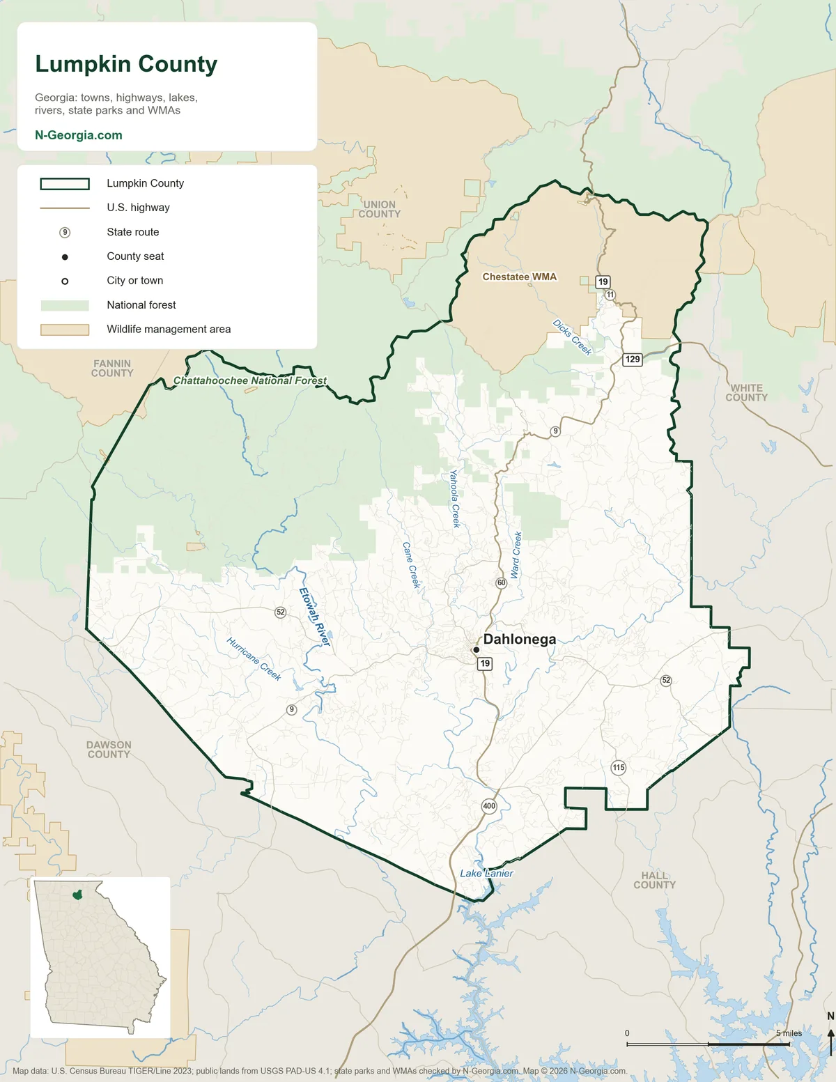 Map of Lumpkin County, Georgia, showing the county seat of Dahlonega, highways, rivers and lakes, wildlife management areas and neighboring counties