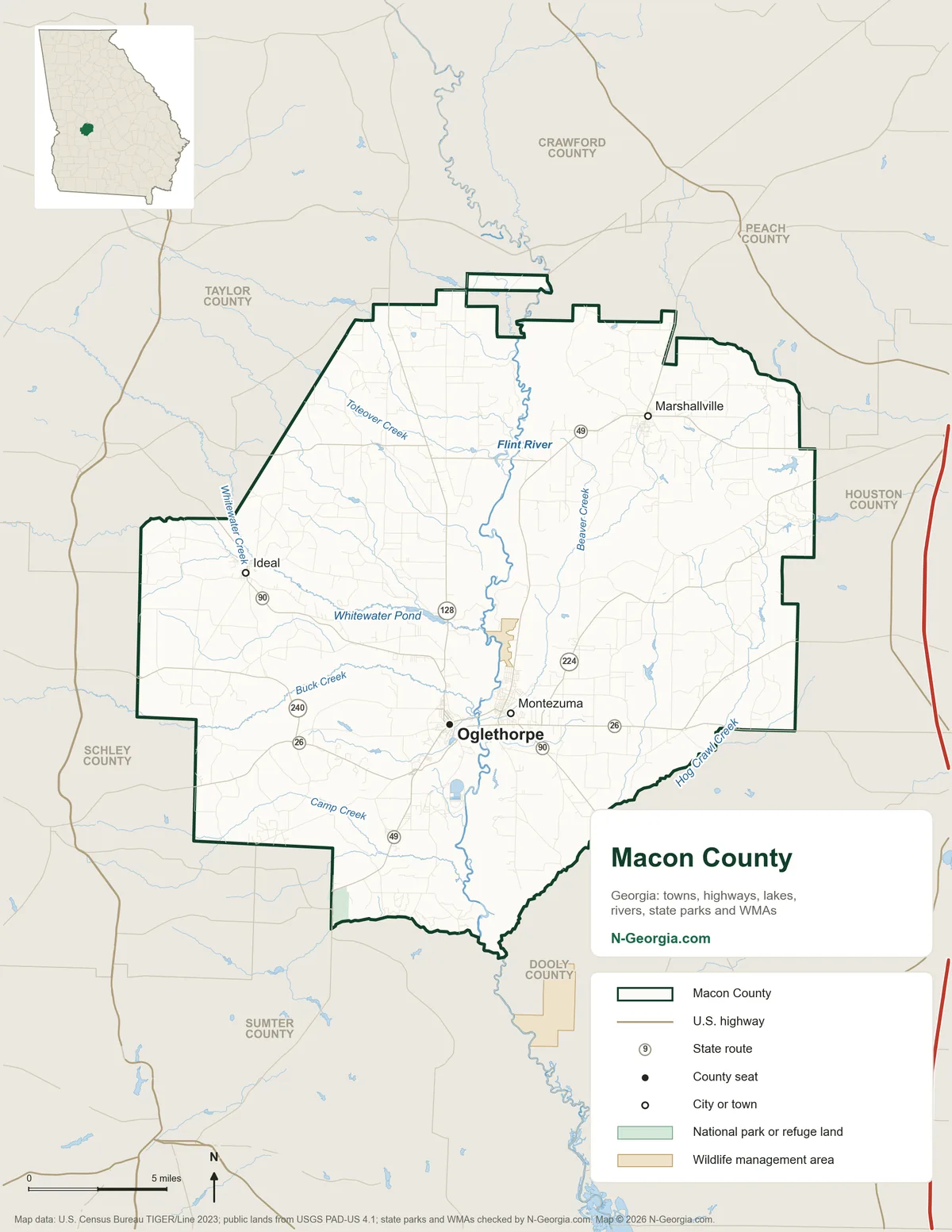 Map of Macon County, Georgia, showing the county seat of Oglethorpe, other towns, highways, rivers and lakes and neighboring counties