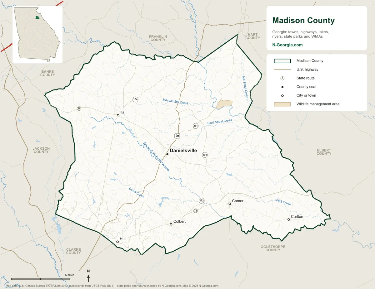 Map of Madison County, Georgia, showing the county seat of Danielsville, other towns, highways, rivers and lakes and neighboring counties