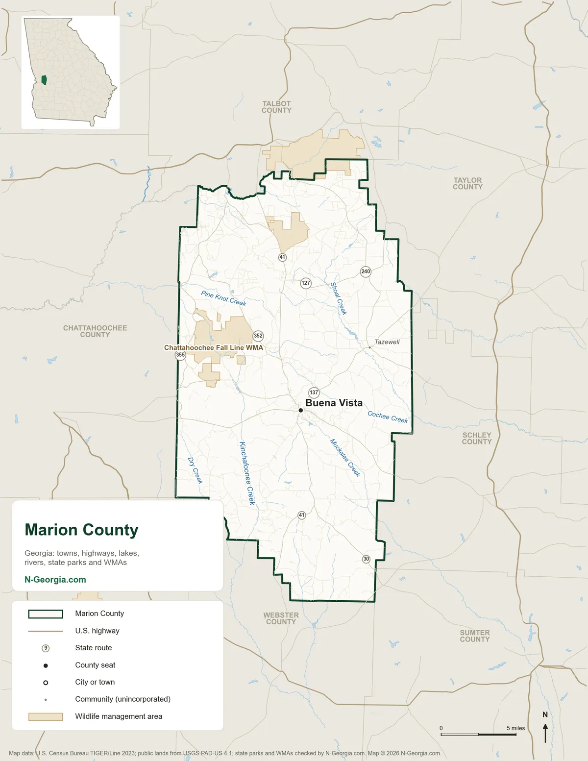 Map of Marion County, Georgia, showing the county seat of Buena Vista, highways, rivers and lakes, wildlife management areas and neighboring counties