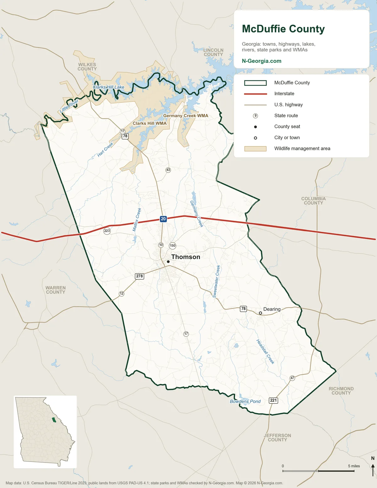 Map of McDuffie County, Georgia, showing the county seat of Thomson, other towns, highways, rivers and lakes, wildlife management areas and neighboring counties