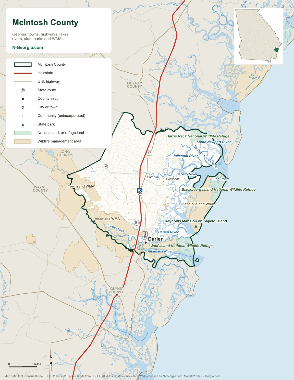 Map of McIntosh County, Georgia, showing the county seat of Darien, highways, rivers and lakes, state parks, wildlife management areas and neighboring counties