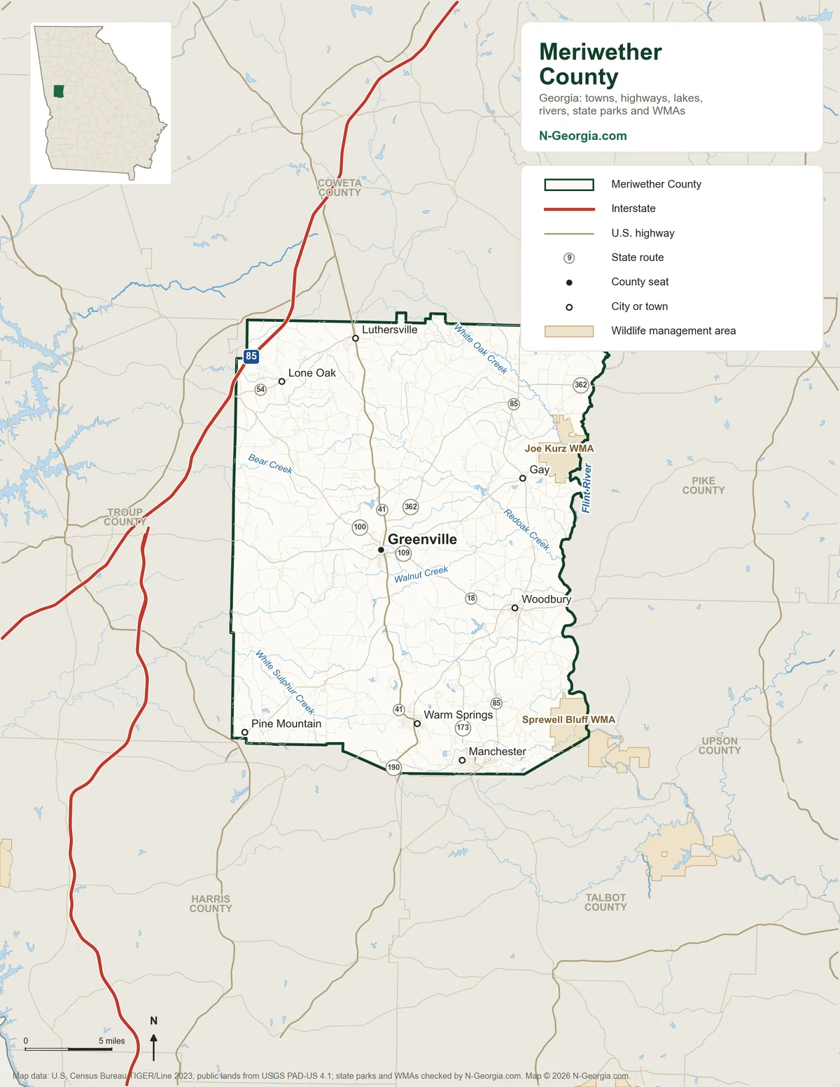 Map of Meriwether County, Georgia, showing the county seat of Greenville, other towns, highways, rivers and lakes, wildlife management areas and neighboring counties