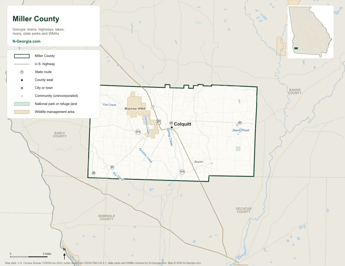 Map of Miller County, Georgia, showing the county seat of Colquitt, highways, rivers and lakes, wildlife management areas and neighboring counties