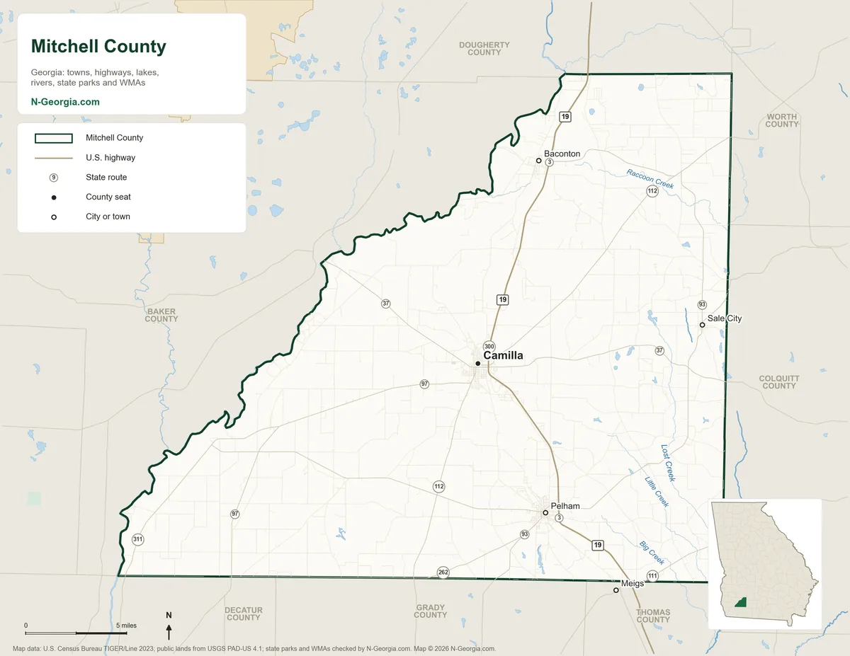Map of Mitchell County, Georgia, showing the county seat of Camilla, other towns, highways, rivers and lakes and neighboring counties