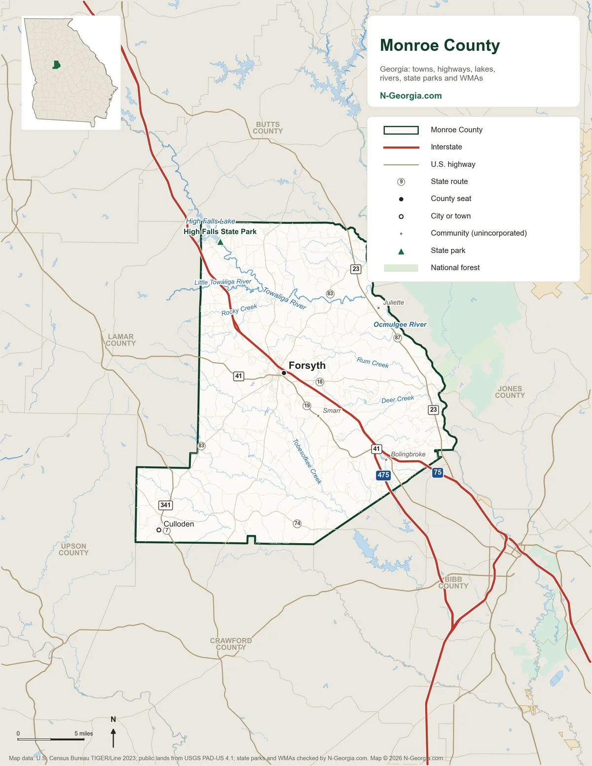 Map of Monroe County, Georgia, showing the county seat of Forsyth, other towns, highways, rivers and lakes, state parks and neighboring counties