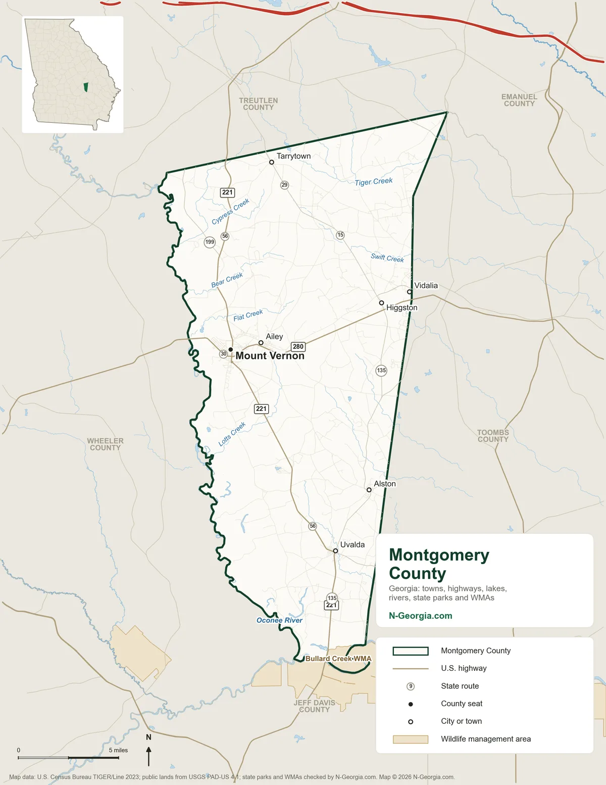 Map of Montgomery County, Georgia, showing the county seat of Mount Vernon, other towns, highways, rivers and lakes, wildlife management areas and neighboring counties