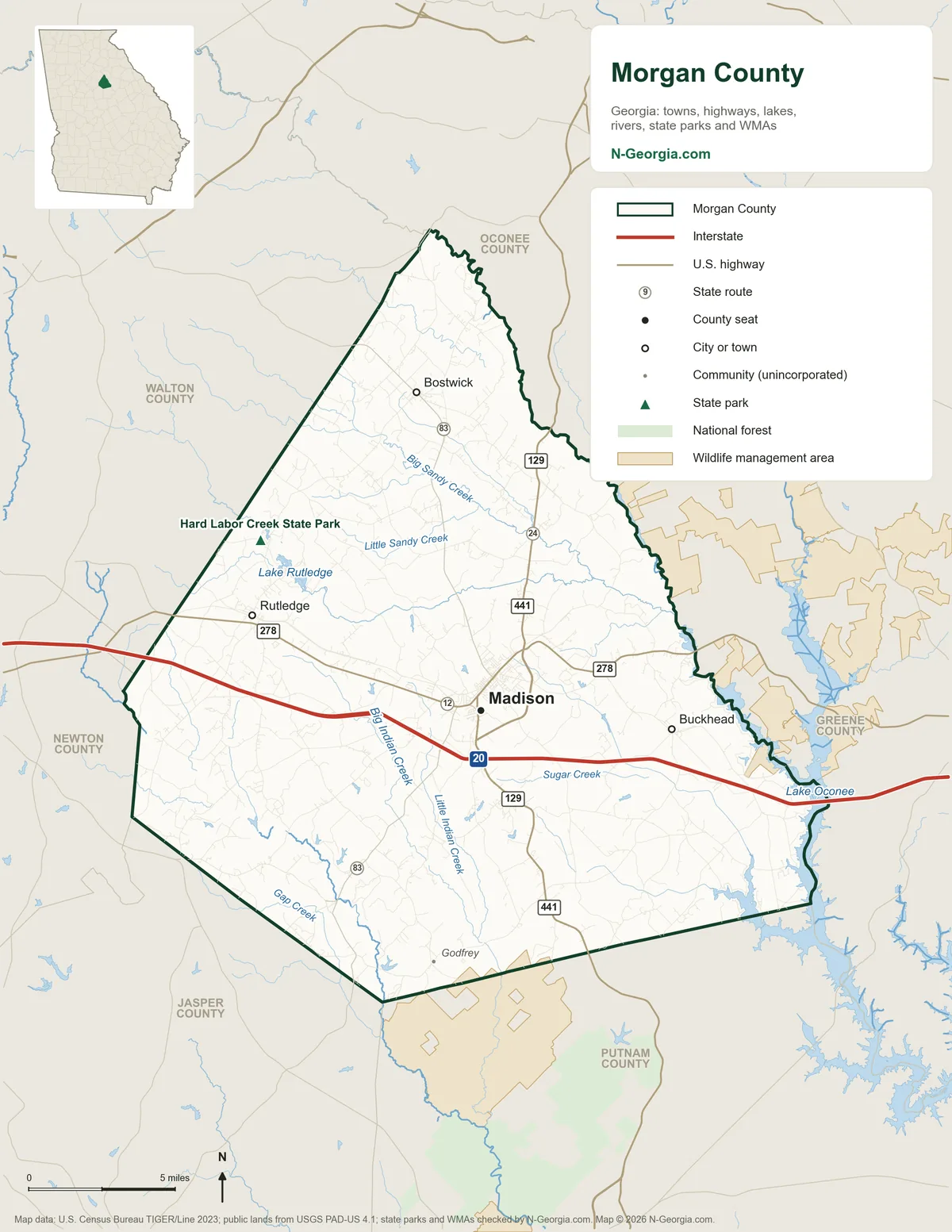 Map of Morgan County, Georgia, showing the county seat of Madison, other towns, highways, rivers and lakes, state parks and neighboring counties