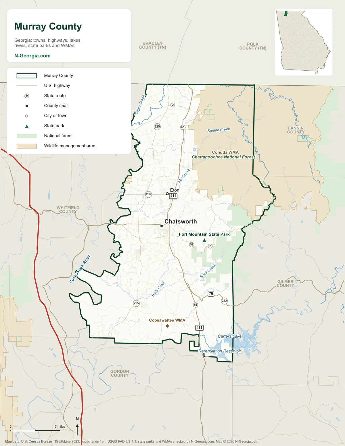 Map of Murray County, Georgia, showing the county seat of Chatsworth, other towns, highways, rivers and lakes, state parks, wildlife management areas and neighboring counties