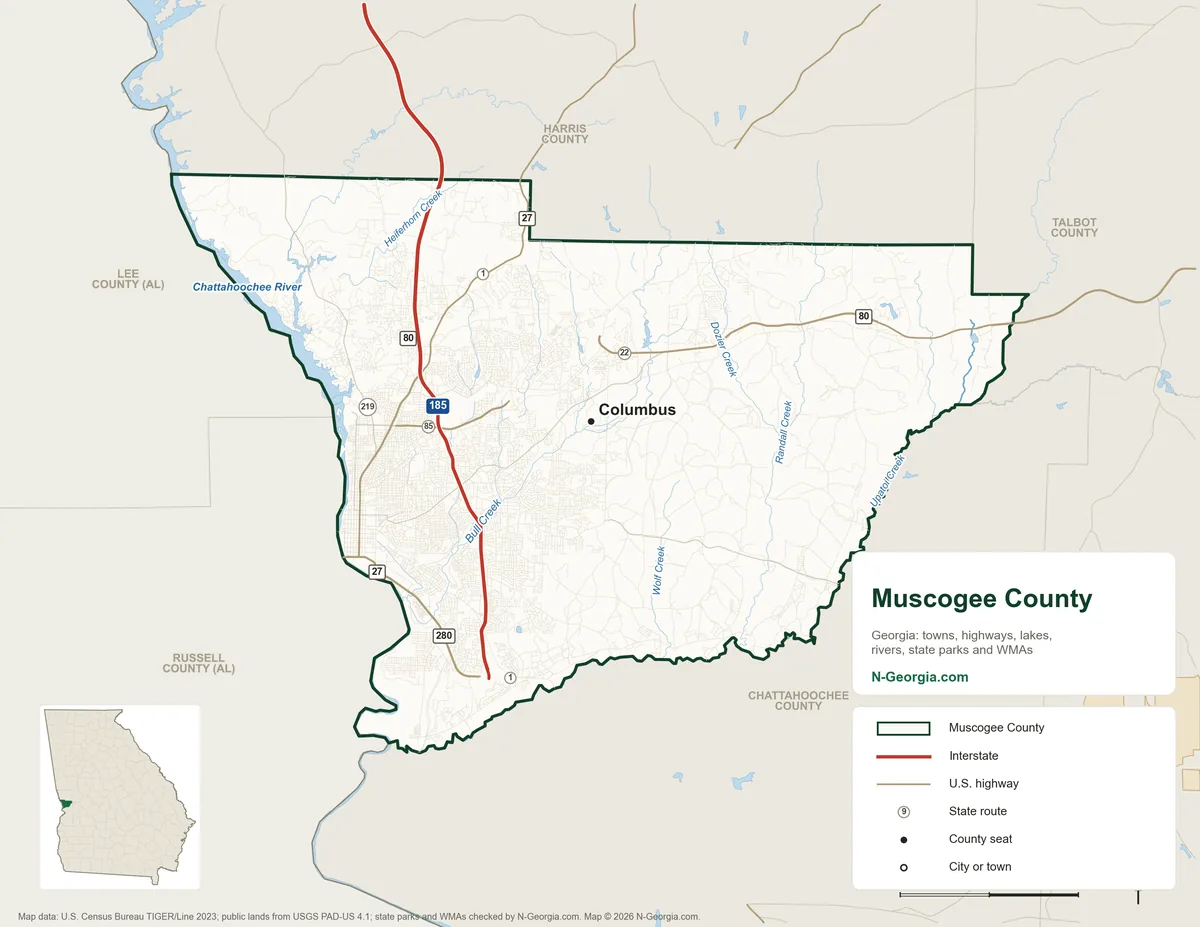 Map of Muscogee County, Georgia, showing the county seat of Columbus, highways, rivers and lakes and neighboring counties