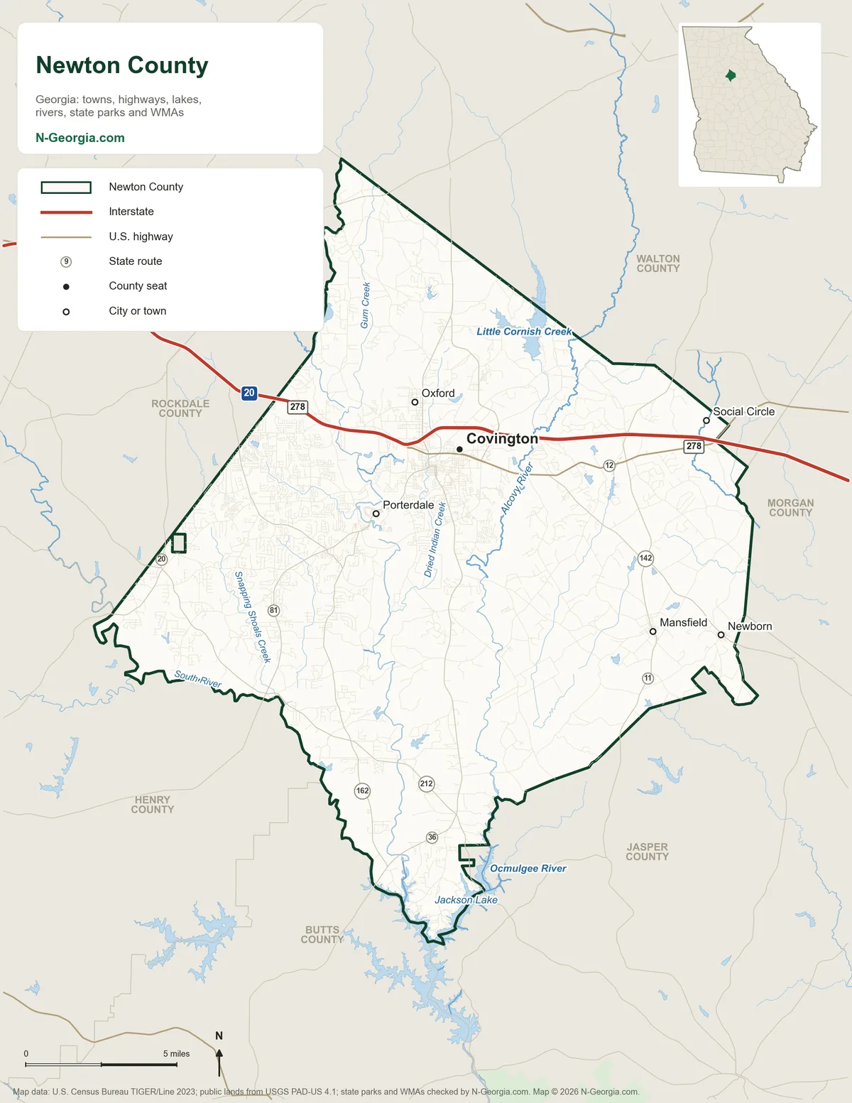 Map of Newton County, Georgia, showing the county seat of Covington, other towns, highways, rivers and lakes and neighboring counties
