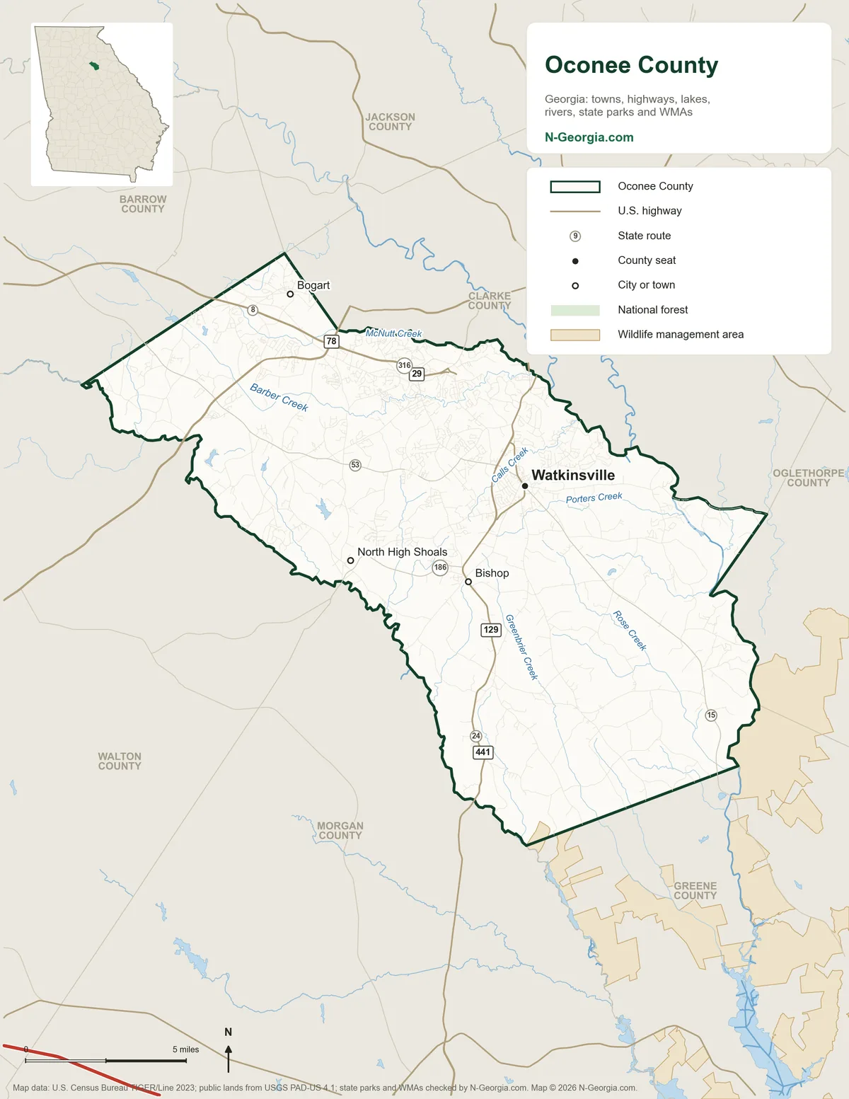 Map of Oconee County, Georgia, showing the county seat of Watkinsville, other towns, highways, rivers and lakes and neighboring counties