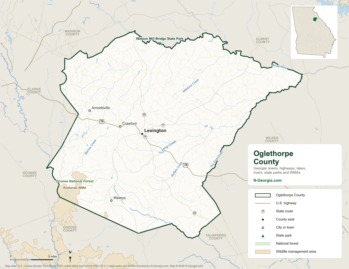 Map of Oglethorpe County, Georgia, showing the county seat of Lexington, other towns, highways, rivers and lakes, state parks, wildlife management areas and neighboring counties