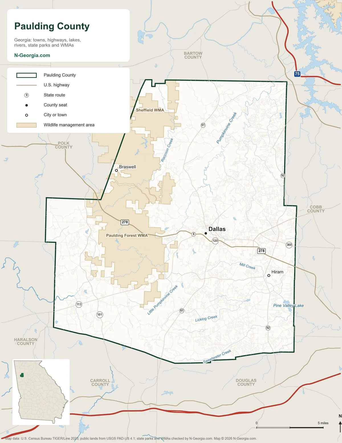 Map of Paulding County, Georgia, showing the county seat of Dallas, other towns, highways, rivers and lakes, wildlife management areas and neighboring counties
