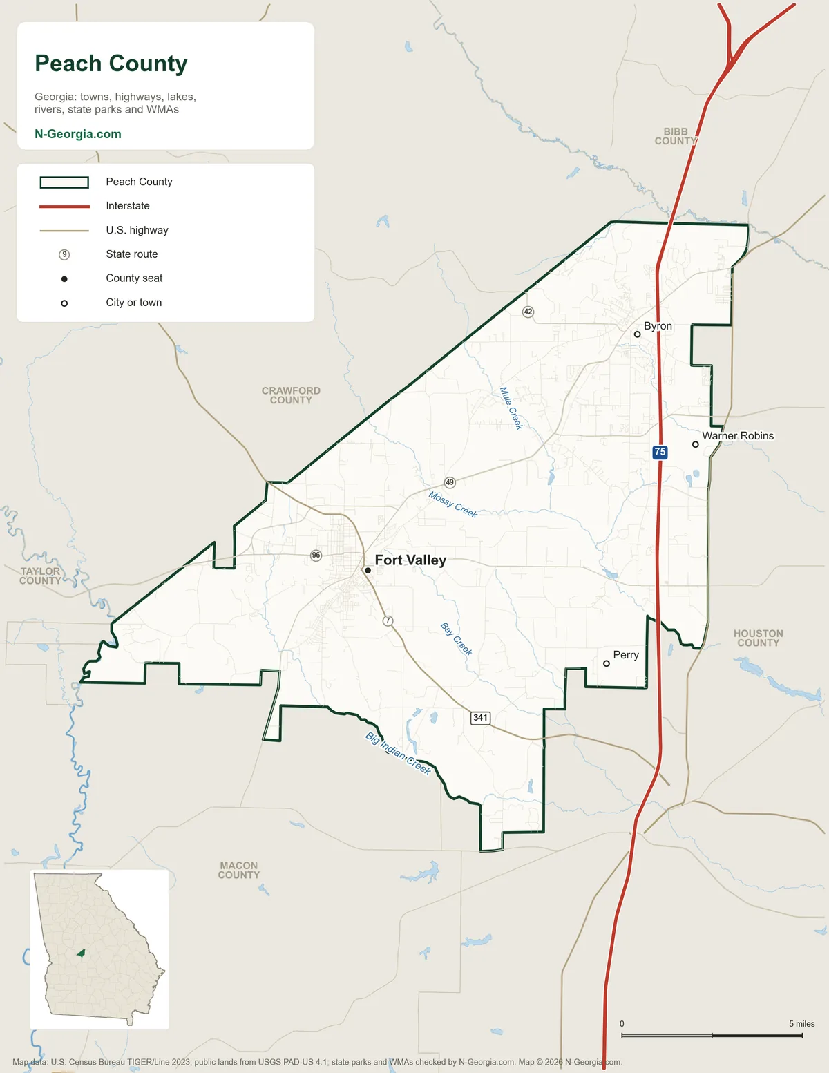 Map of Peach County, Georgia, showing the county seat of Fort Valley, other towns, highways, rivers and lakes and neighboring counties