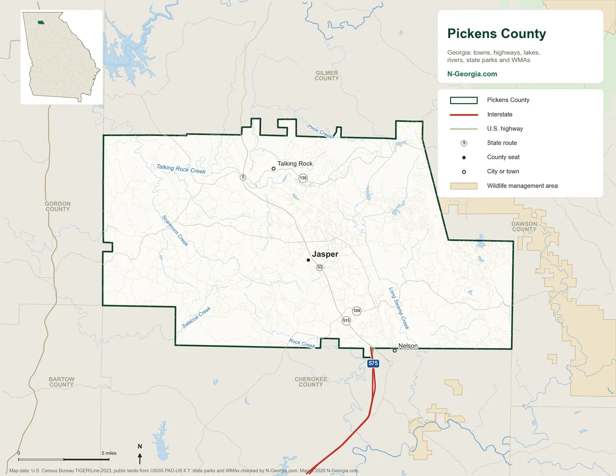 Map of Pickens County, Georgia, showing the county seat of Jasper, other towns, highways, rivers and lakes and neighboring counties
