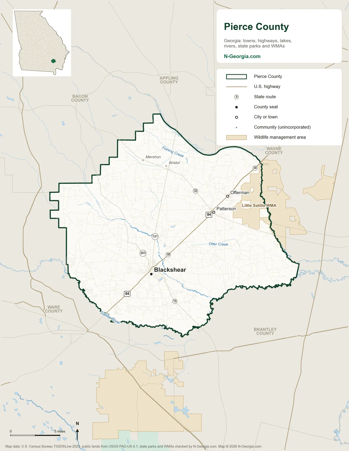 Map of Pierce County, Georgia, showing the county seat of Blackshear, other towns, highways, rivers and lakes, wildlife management areas and neighboring counties
