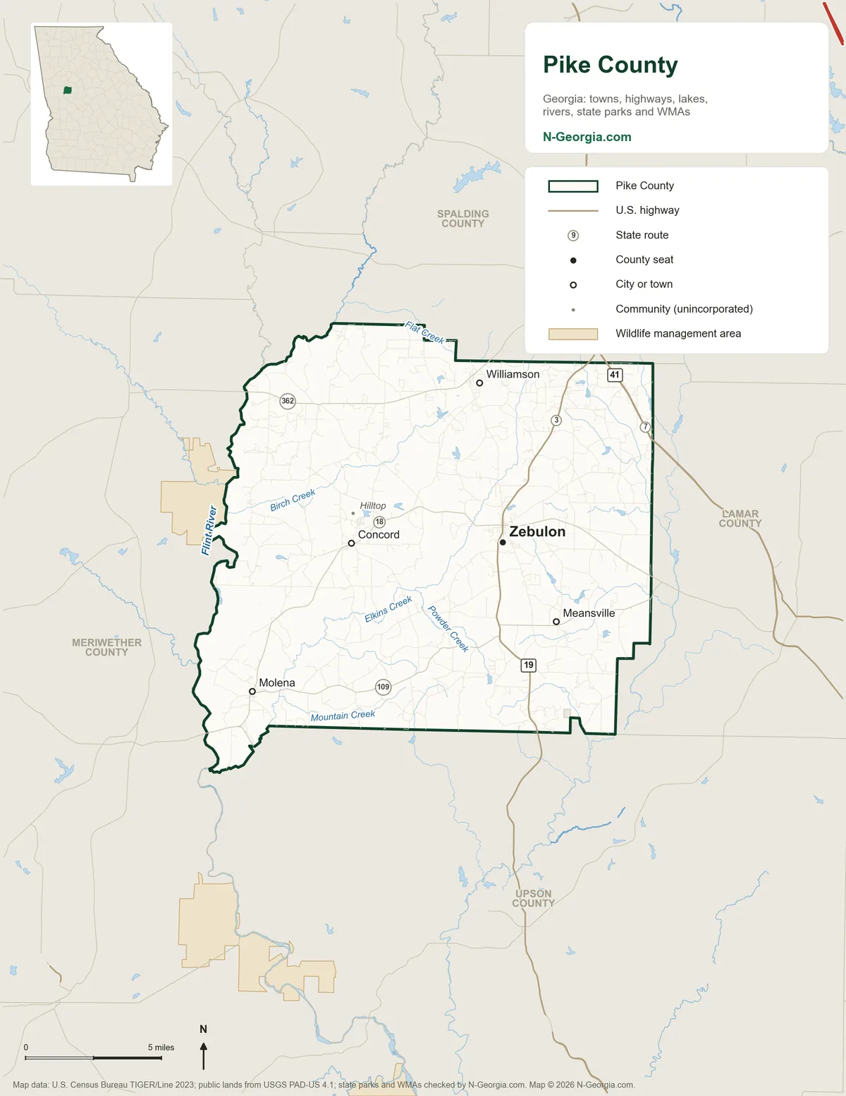 Map of Pike County, Georgia, showing the county seat of Zebulon, other towns, highways, rivers and lakes and neighboring counties