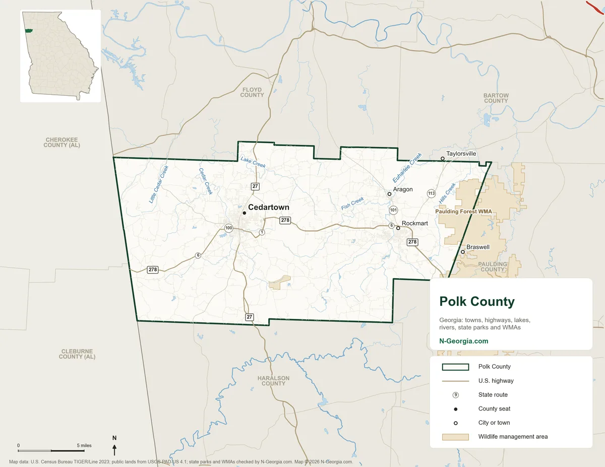 Map of Polk County, Georgia, showing the county seat of Cedartown, other towns, highways, rivers and lakes, wildlife management areas and neighboring counties