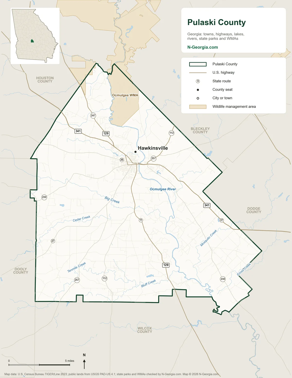 Map of Pulaski County, Georgia, showing the county seat of Hawkinsville, highways, rivers and lakes, wildlife management areas and neighboring counties