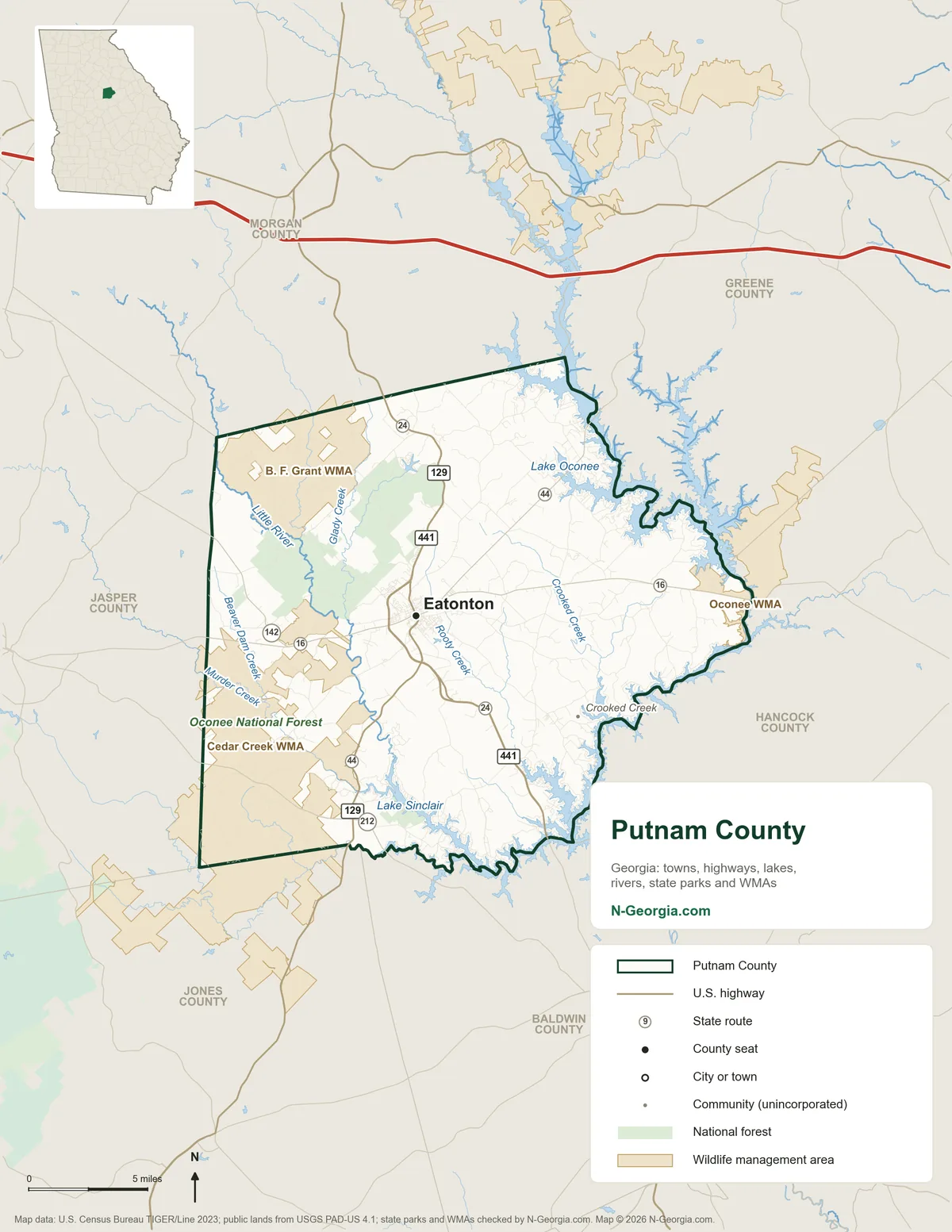 Map of Putnam County, Georgia, showing the county seat of Eatonton, highways, rivers and lakes, wildlife management areas and neighboring counties